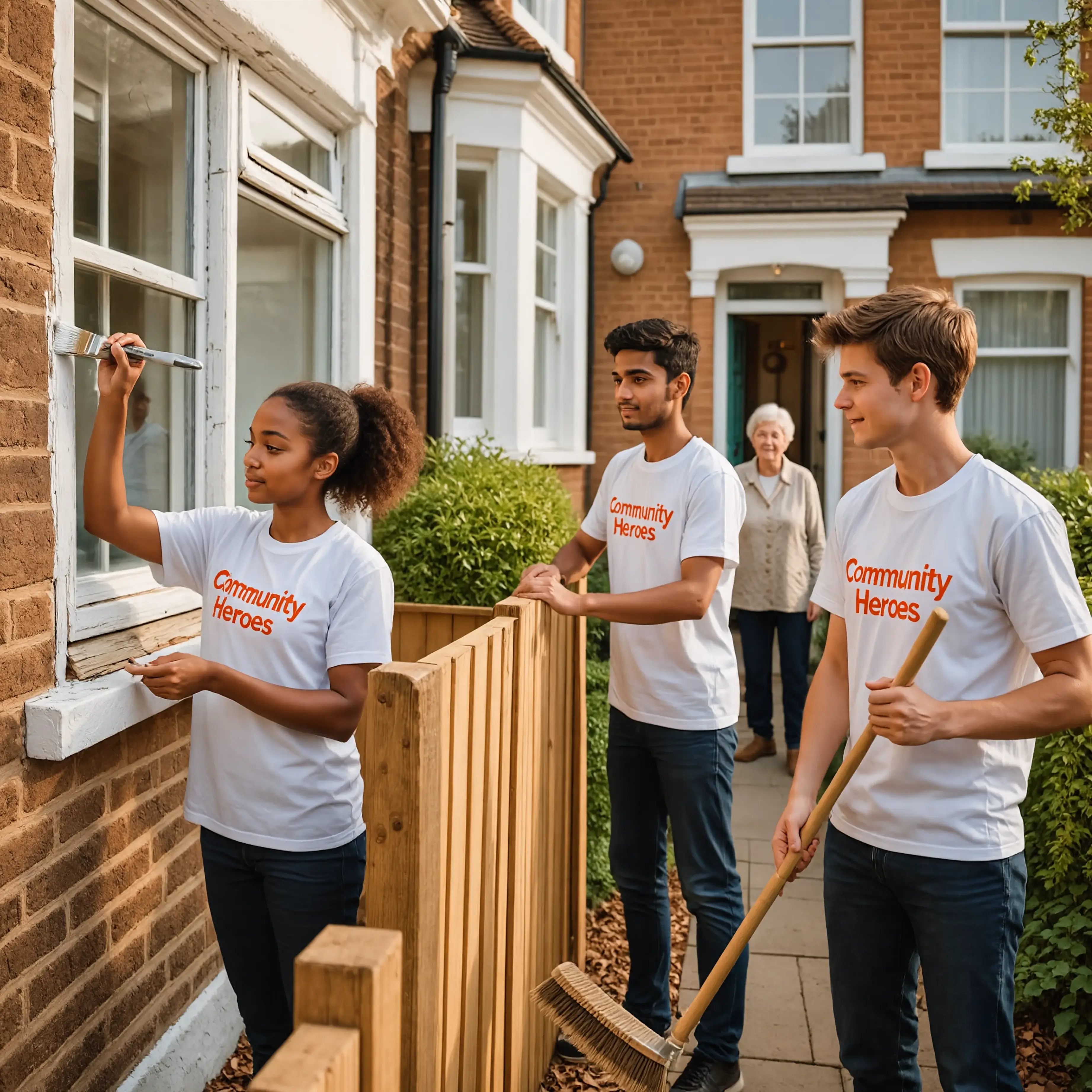 Community Heroes volunteers painting a house with an elderly resident watching