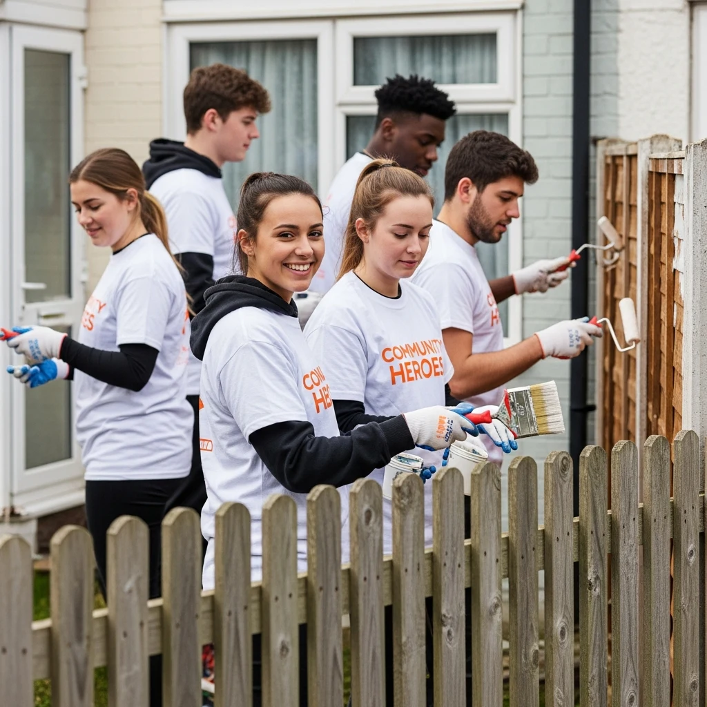 Volunteers painting a picket fence